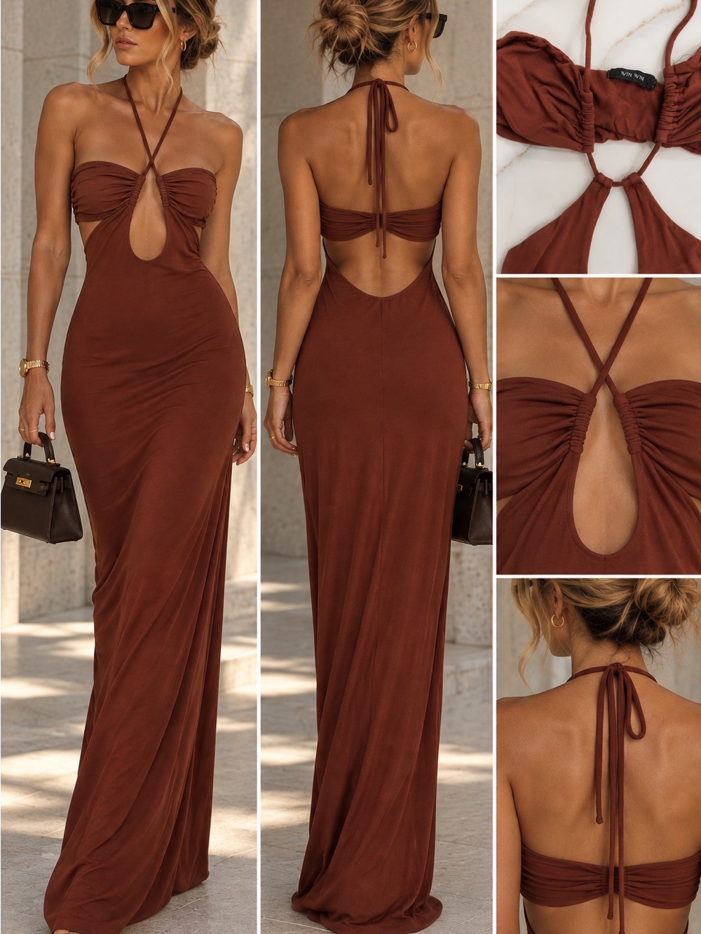 WIN WIN Rust Brown Cutout Halter Maxi Dress size Small